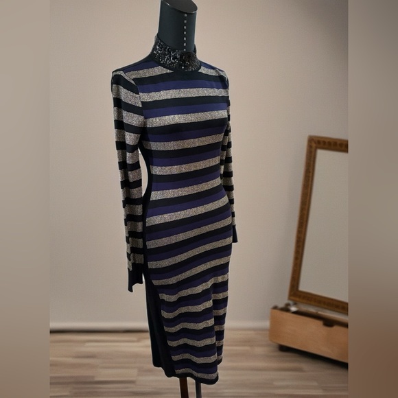 Eliza J Black and Gold Striped Long Sleeve Dress - Picture 5 of 7
